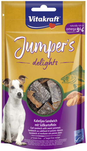 Vitakraft - vitakraft – jumper’s delights – лакомство за кучета сандвичи с риба треска и сладък картоф 80 гр