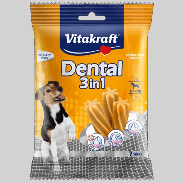 Vitakraft - vitakraft – dental 3 in 1 small – лакомство за кучета с тегло между 5 и 10 кг дентални ламели за контрол на плаката и зъбния камък
