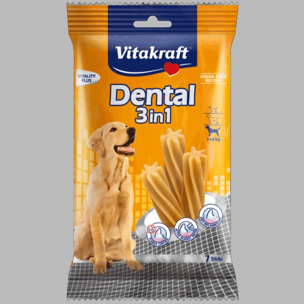 Vitakraft - vitakraft – dental 3 in 1 medium – лакомство за кучета с тегло над 10кг дентални ламели за контрол на плаката и зъбния камък