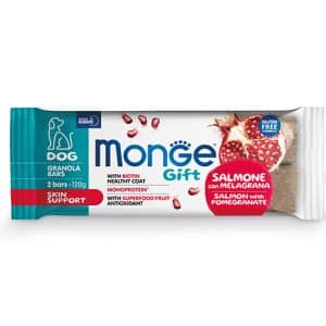 Monge - monge – gift granola bars skin support – лакомства за кучета монопротеинови барчета със сьомга и нар за здрави кожа и козина, безглутенови