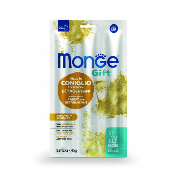 Monge – gift immunity support – лакомство за кучета стикове със заешко и бетаглюкани за силен имунитет, без зърнени култури 45 гр
