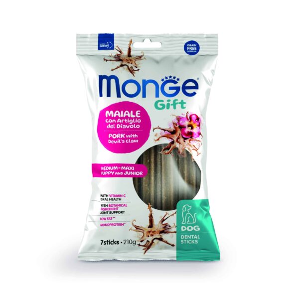 Monge – gift dog dental sticks puppy junior medium-maxi – екструдирани дентални стикове за подрастващи кученца от средните и едри породи със свинско и дяволски нокът, монопротеинови 7 бр
