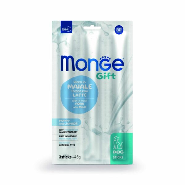 Monge - monge – gift puppy junior – лакомство за подрастващи кученца стикове със свинско, мляко и нуклеотиди, без зърнени култури 45 гр