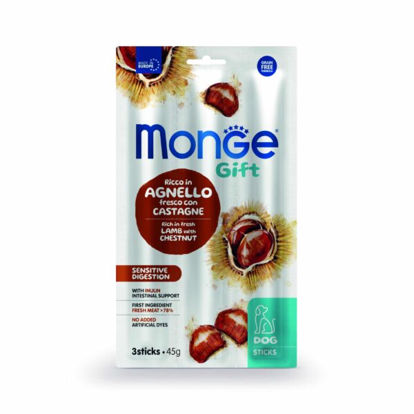 Monge - monge – gift sensitive digestion – лакомство за кучета с чувствителна храносмилателна система стикове с агнешко, кестени и инулин, без зърнени култури 45 гр
