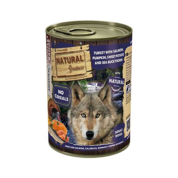 Natural greatness – salmon with turkey – консерва за куче със сьомга и пуйка с тиква, батати и облепиха 400 гр.