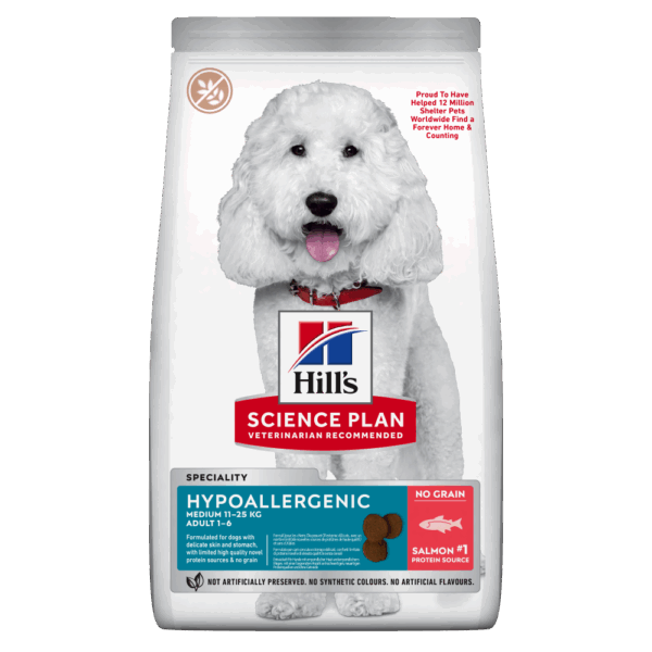 Hill`s мисия приятел завинаги - hills science plan canine hypoallergenic medium adult – хипоалергенна суха храна за кучета от средни породи от 1 до 6 години със сьомга