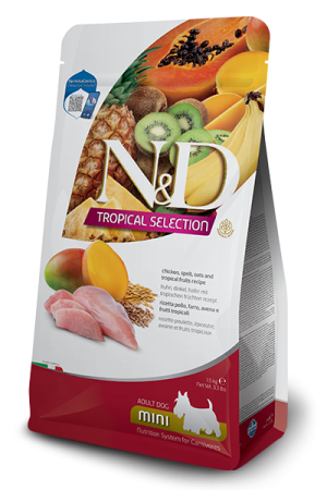 N&d tropical selection dog adult mini chicken and tropical fruits – суха храна за кучета над 1 година от дребни породи с пилешко, спелта, овес и тропически плодове