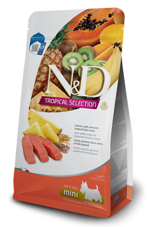 N&d tropical selection dog adult mini salmon and tropical fruits – суха храна за кучета над 1 година от дребни породи със сьомга, спелта, овес и тропически плодове