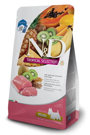 N&d tropical selection dog adult mini pork and tropical fruits – суха храна за кучета над 1 година от дребни породи със свинско, спелта, овес и тропически плодове