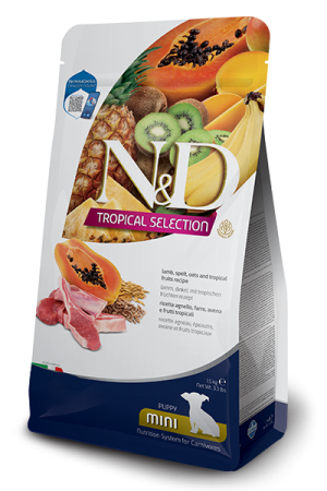 N&d tropical selection puppy mini lamb and tropical fruits – суха храна за подрастващи кученца от дребни породи с агнешко, спелта, овес и тропически плодове