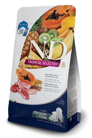 N&d tropical selection puppy medium & maxi lamb and tropical fruits – суха храна за подрастващи кученца от средни и едри породи с агнешко, спелта, овес и тропически плодове