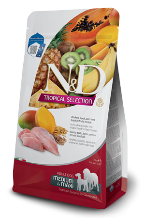 N&d tropical selection dog adult medium & maxi chicken and tropical fruits – суха храна за кучета над 1 година от средни и едри породи, с пилешко, спелта, овес и тропически плодове
