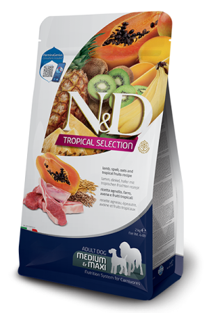 N&d tropical selection dog adult medium & maxi lamb and tropical fruits – суха храна за кучета над 1 година от средни и едри породи с агнешко, спелта, овес и тропически плодове