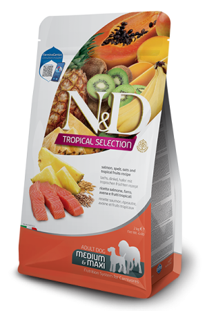N&d tropical selection dog adult medium & maxi salmon and tropical fruits – суха храна за кучета над 1 година от средни и едри породи със сьомга, спелта, овес и тропически плодове