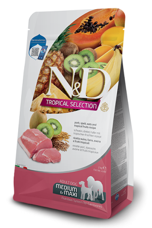 N&d tropical selection dog adult medium & maxi pork and tropical fruits – суха храна за кучета над 1 година от средни и едри породи със свинско, спелта, овес и тропически плодове