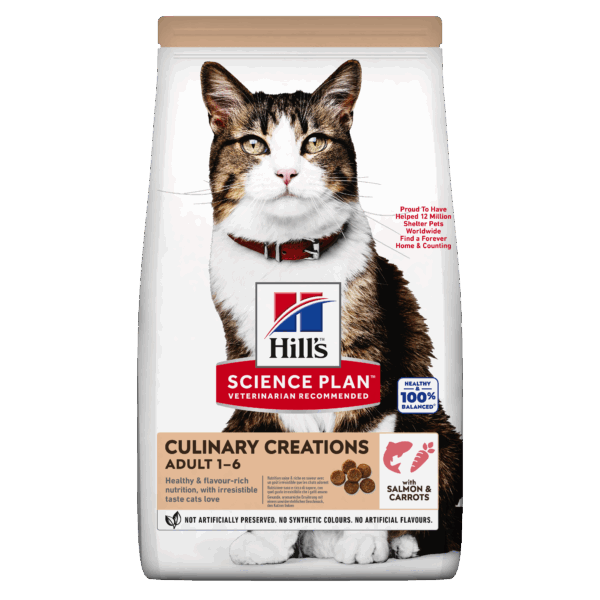 Hill`s мисия приятел завинаги - hills science plan culinary creations cat adult salmon and carrots – пълноценна суха храна за котки от 1 до 6 години със сьомга и моркови 10кг