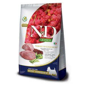 N&d quinoa weight management lamb adult mini – суха храна за кучета израснали от дребни породи с агнешко, киноа, броколи и аспержи