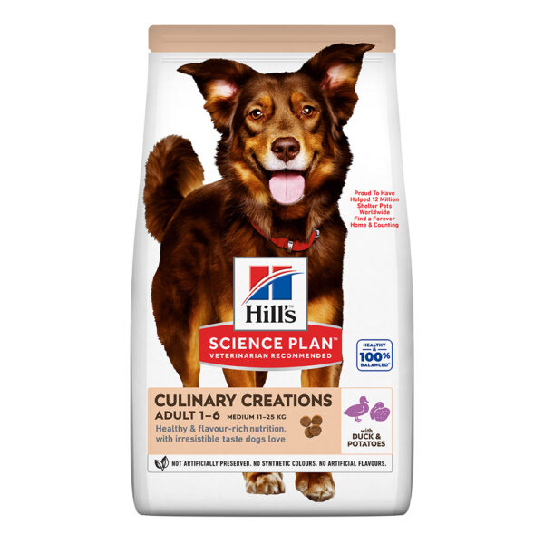 Hill`s мисия приятел завинаги - hills science plan culinary creations – суха храна за израснали кучета от средни породи с патешко и картофи 14 кг