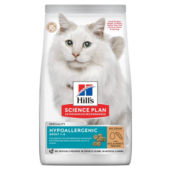 Hill`s мисия приятел завинаги - hills science plan feline adult hypoallergenic with egg and insect protein no grain – пълноценна суха храна за котки без зърнени култури с яйчен и насекомен протеин