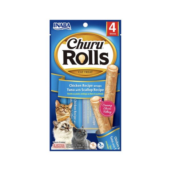 Котки - inaba churu chicken rolls tuna with scallop – лакомство за котка пилешко руло с крем от риба тон и миди 4 бр