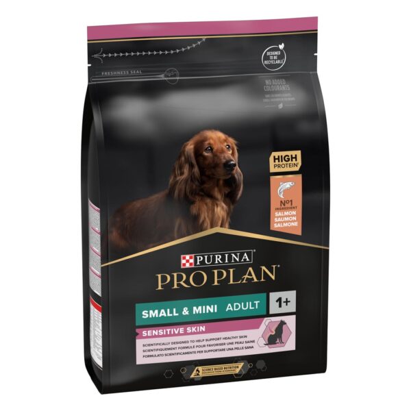 Purina Pro Plan Dog Small and Mini Puppy Sensitive Skin – суха храна за малки кученца от малки и дребни породи с чувствителна кожа със сьомга
