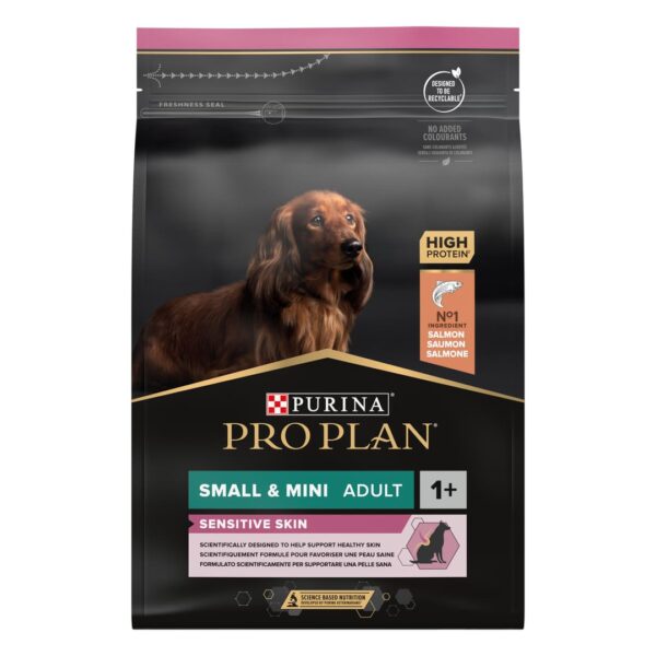 Purina pro plan dog small and mini puppy sensitive skin – суха храна за малки кученца от малки и дребни породи с чувствителна кожа със сьомга