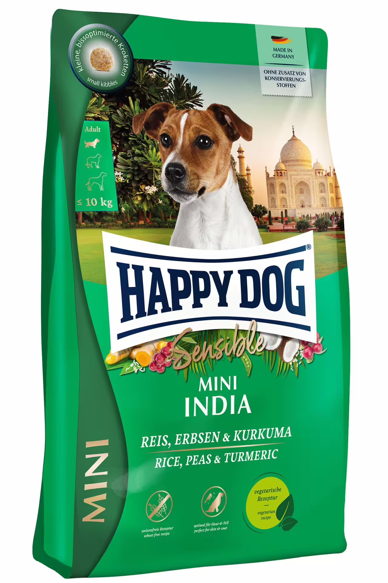 Happy dog mini india - суха храна за чувствителни кучета от малки породи вегетарианска композиция с ориз, грах и куркума