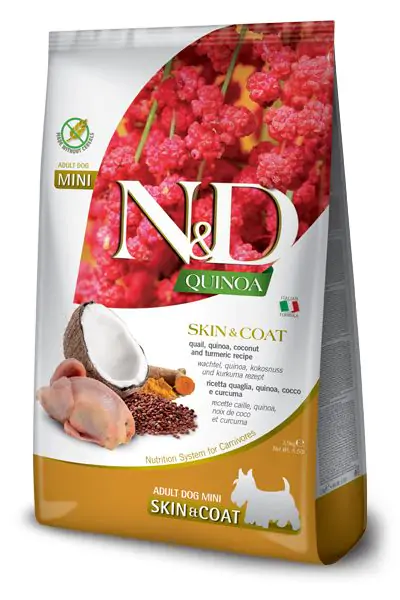 N&d quinoa skin & coat quail mini - суха храна за кучета, за здрава кожа и козина от дребни породи, с пъдпъдък, киноа, кокос, и куркума
