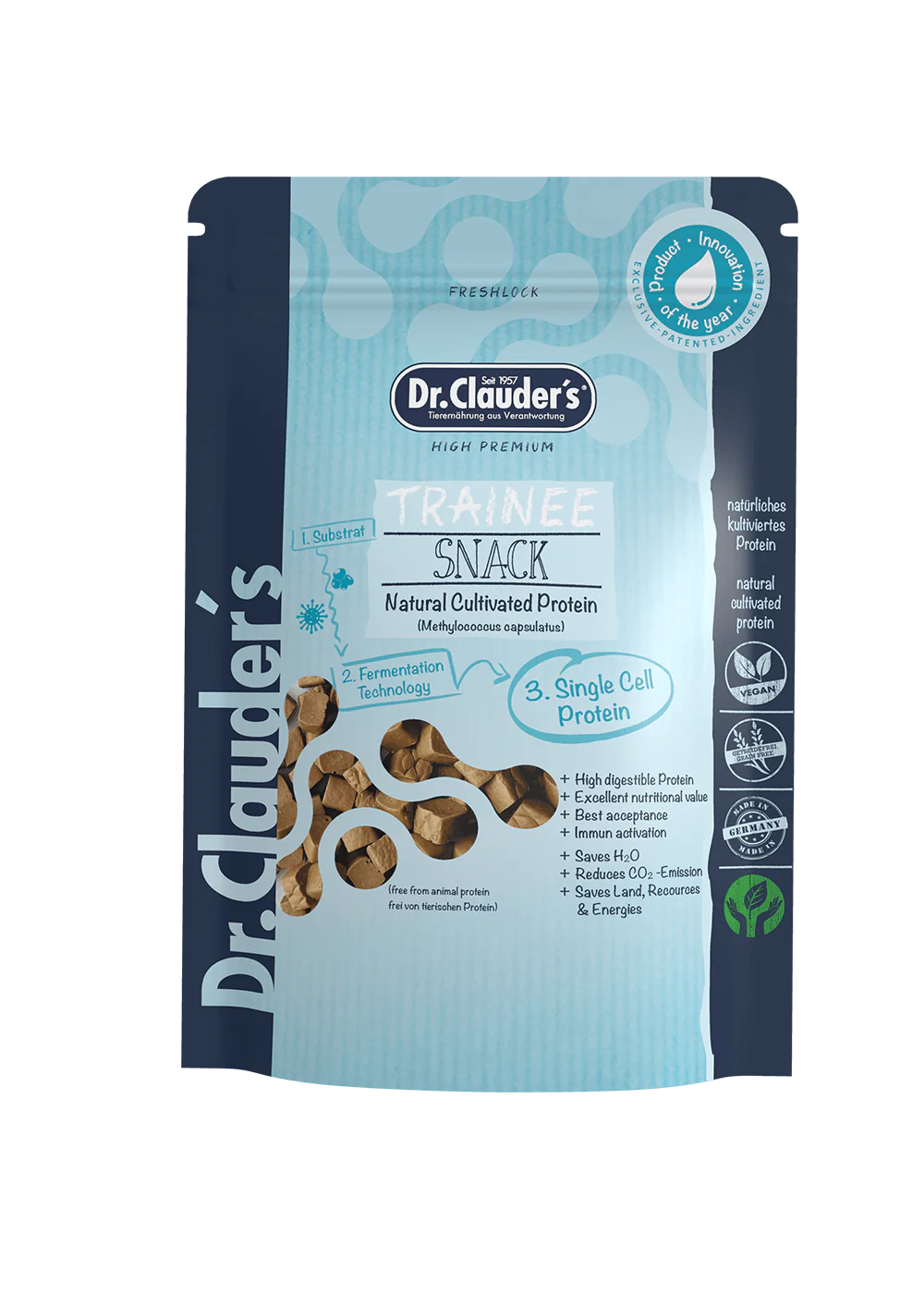 Dr. Clauders trainee snack cultivated protein - допълваща храна за кучета и котки меки кубчета култивиран протеин 80гр