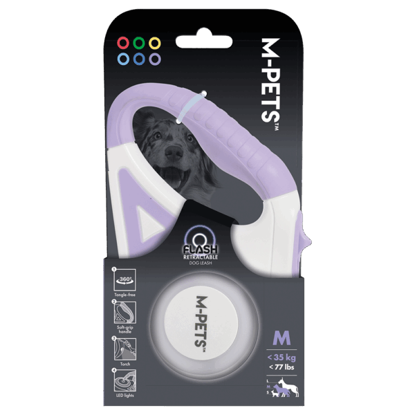 Автоматични поводи - M-pets Flash Purple – Автоматичен повод за куче с фенерче и LED светлини 5 м до 15кг Лилав
