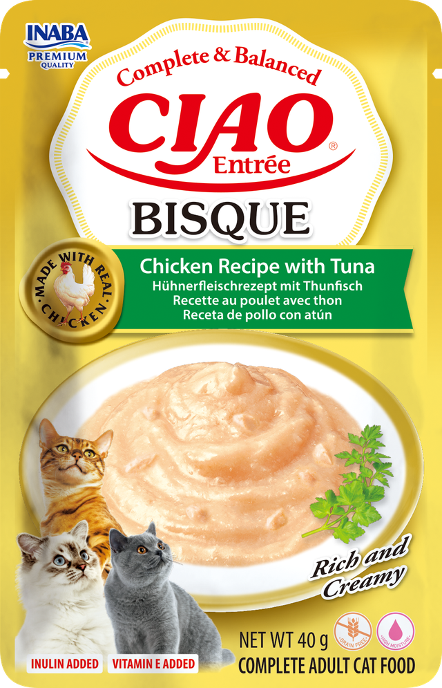 INABA CIAO Entrée Bisque Chicken Recipe with Tuna – 40 г Inaba ciao entrée bisque 40 г – пауч с пълноценна кремообразна храна за котки с пилешко и риба тон