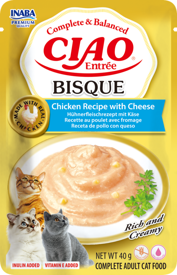Храна за котки - inaba ciao entrée bisque chicken recipe with cheese – пълноценна кремообразна храна за котки с пилешко и сирене 40 гр