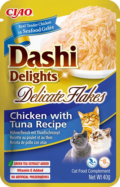 Inaba ciao dashi delights delicate flakes 40 г – пилешки късчета с риба тон в морско желе за котки