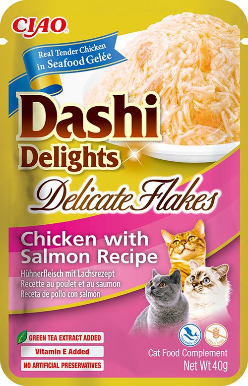 Inaba ciao dashi delights delicate flakes 40 г – пилешки късчета със сьомга в морско желе за котки