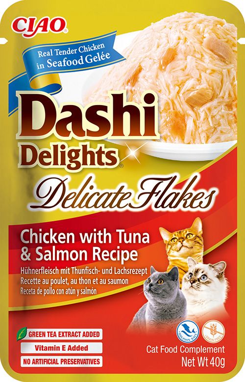 Inaba ciao dashi delights delicate flakes 40 г – пилешки късчета с риба тон и сьомга в морско желе за котки