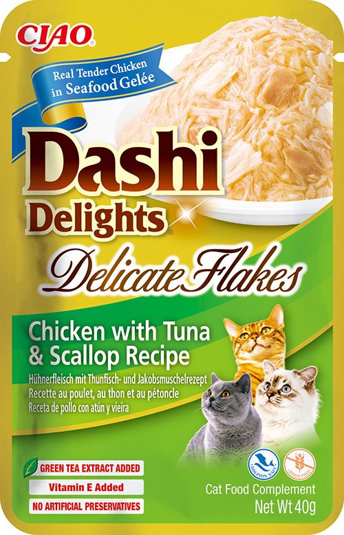 Inaba ciao dashi delights delicate flakes 40 г – пилешки късчета с риба тон и морски миди в желе за котки